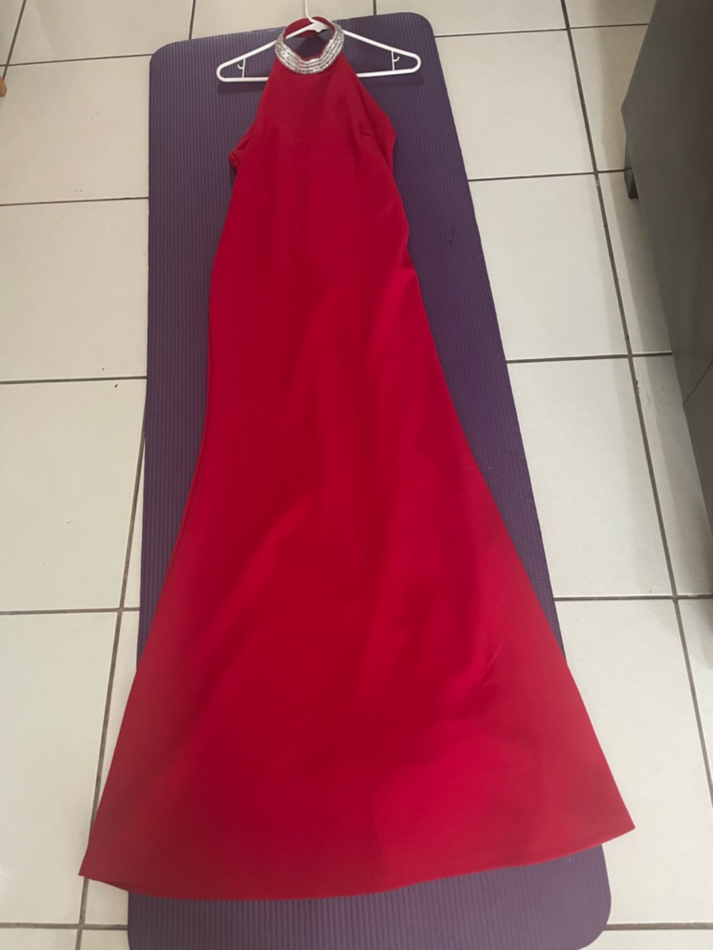 Red Halter Evening Gown with Embellished Neck
